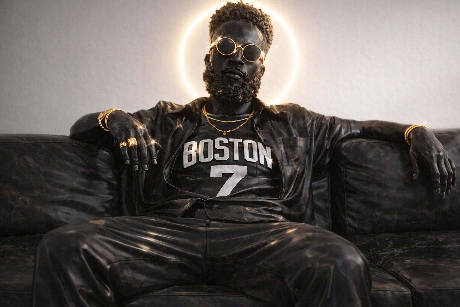 Sir Dilla rendered as a dark marble statue wearing a Boston 7 jersey, gold halo behind him