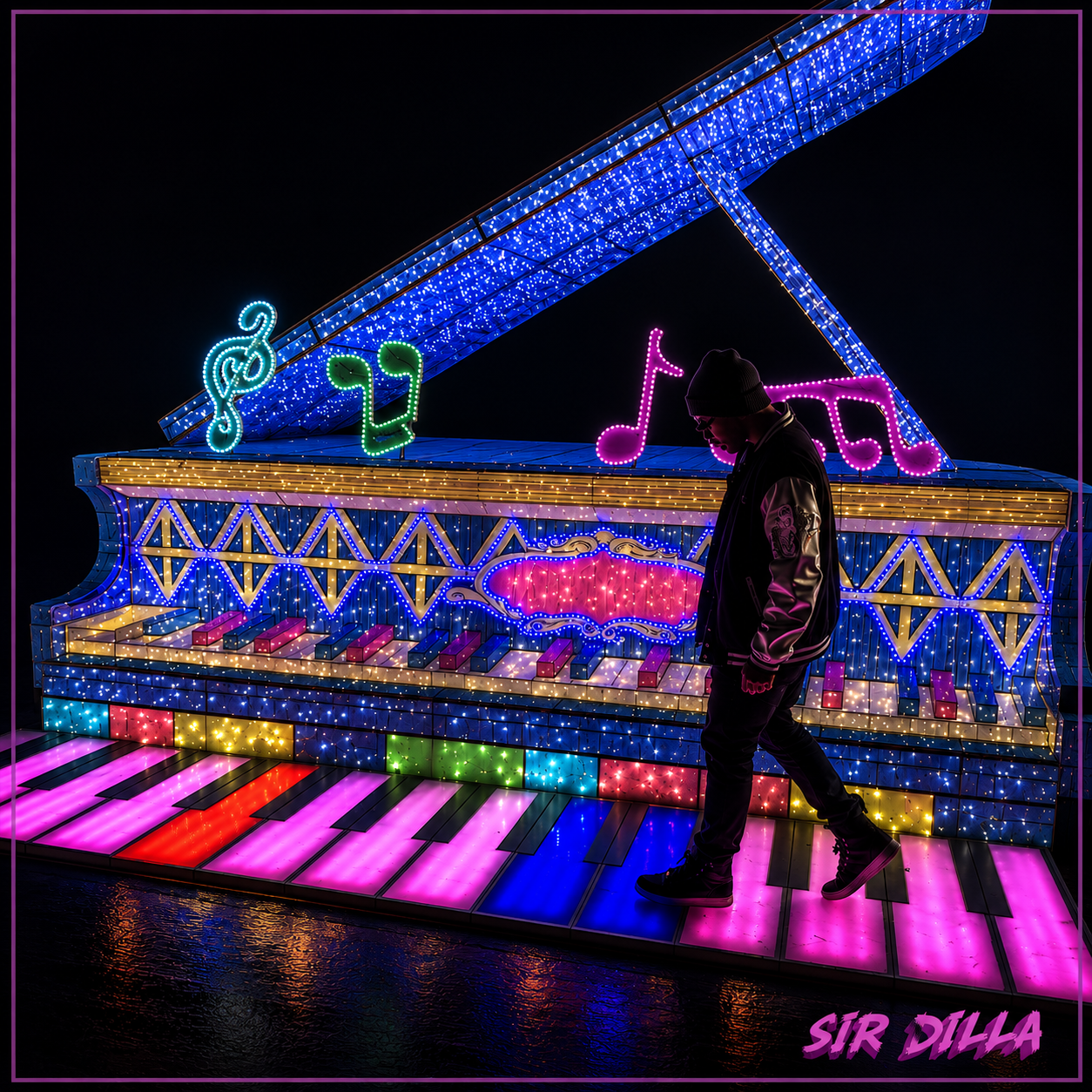 Love In B Flat Minor cover art, Sir Dilla walking on a neon piano keyboard